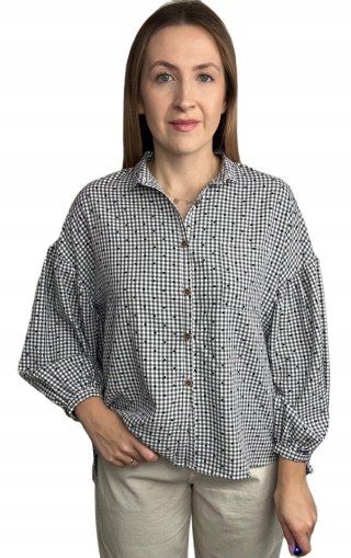 Luźna koszula w kratkę kratę serduszka oversize guziki szara czarna Wiya- VIVI