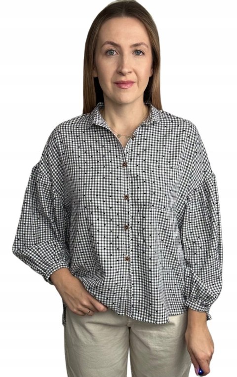 Luźna koszula w kratkę kratę serduszka oversize guziki szara czarna Wiya- VIVI