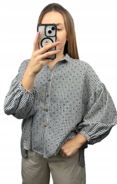Luźna koszula w kratkę kratę serduszka oversize guziki szara czarna Wiya- VIVI