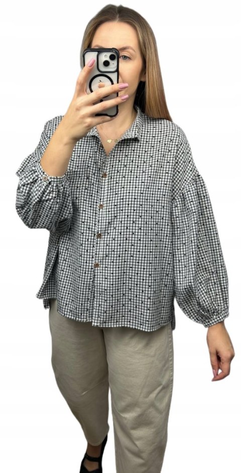 Luźna koszula w kratkę kratę serduszka oversize guziki szara czarna Wiya- VIVI