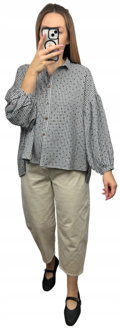 Luźna koszula w kratkę kratę serduszka oversize guziki szara czarna Wiya- VIVI