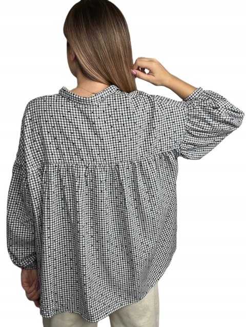 Luźna koszula w kratkę kratę serduszka oversize guziki szara czarna Wiya- VIVI