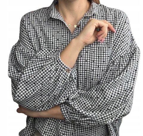 Luźna koszula w kratkę kratę serduszka oversize guziki szara czarna Wiya- VIVI