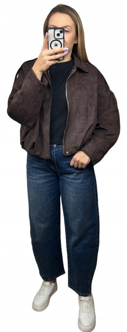 Oversize kurtka bomberka zamszowa zamsz ekologiczny brązowa Unika Paris M/L- STREET BOMBER