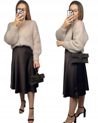 Satynowa spódnica midi dłuższa wiskoza 100% czekoladowa brązowa MIHO'S- SATINA