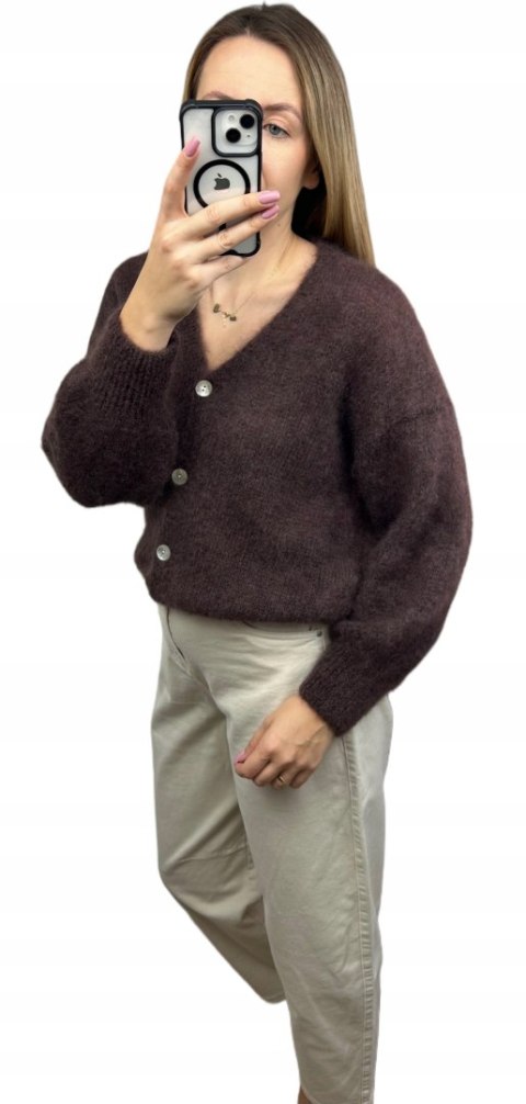 Sweter kardigan czekoladowy brązowy super kid moher 80% miękki Toscana39 MOHAIR COZY