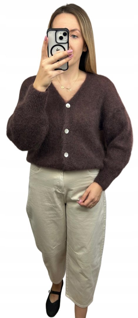 Sweter kardigan czekoladowy brązowy super kid moher 80% miękki Toscana39 MOHAIR COZY