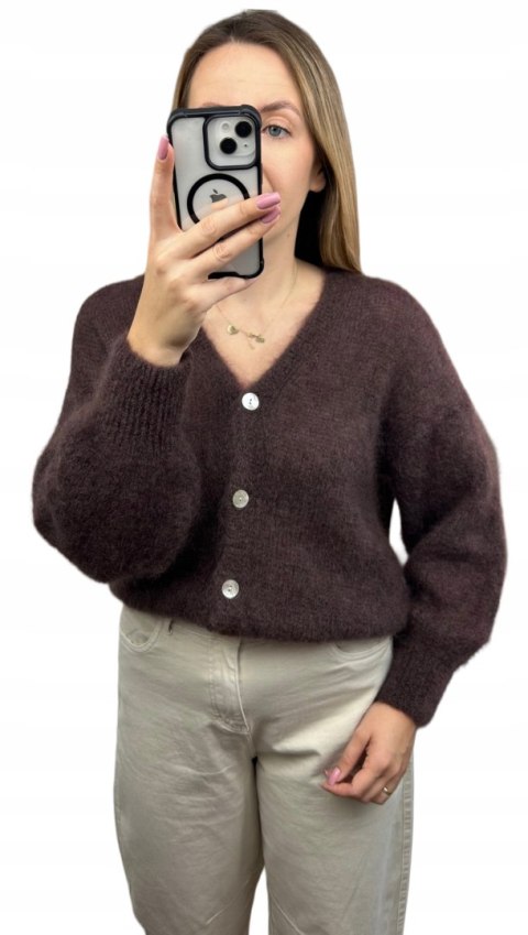 Sweter kardigan czekoladowy brązowy super kid moher 80% miękki Toscana39 MOHAIR COZY