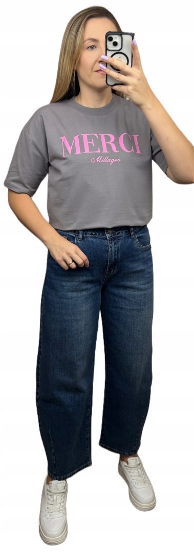 Szary t-shirt różowy napis oversize bawełniany Millagro- MERCI