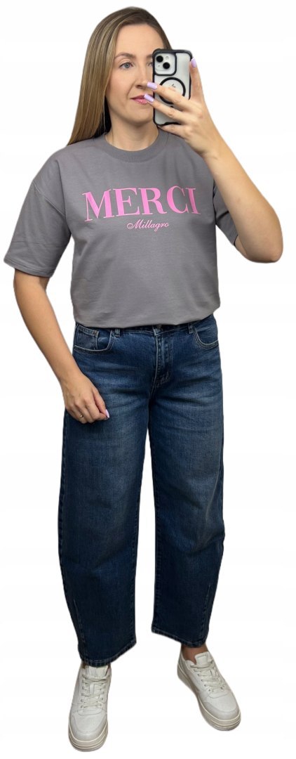 Szary t-shirt różowy napis oversize bawełniany Millagro- MERCI