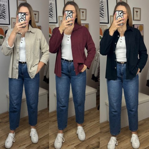 Sztruksowa bawełniana koszula z kieszeniami luźna bordowa- CORDUROY
