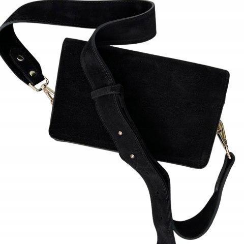 Torebka listonoszka skóra naturalna zamszowa czarna crossbody Vera Pelle- MEGA LUXI