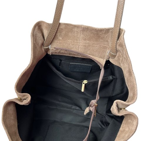 Torebka shopper brązowa czekoladowa skórzana zamszowa zamsz Laura Biaggi- ROMA