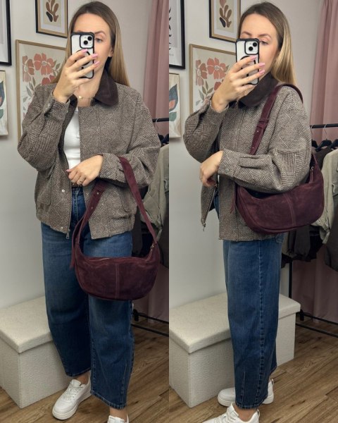 Torebka typu hobo skóra naturalna zamszowa bordowa Vera Pelle- HOBO MOOD