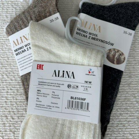 3 pary skarpet skarpetek wełnianych wełna merino prążkowane Alina 35-38