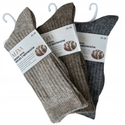 3 pary skarpet skarpetek wełnianych wełna merino prążkowane Alina 35-38