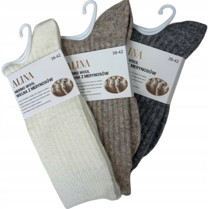 3 pary skarpet skarpetek wełnianych wełna merino prążkowane Alina 39-42