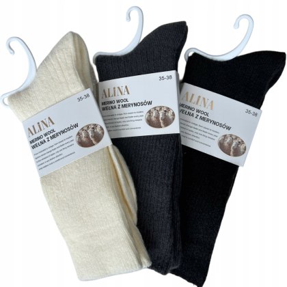 3 pary skarpet wełnianych wełna merino z merynosów prążek Alina 35-38