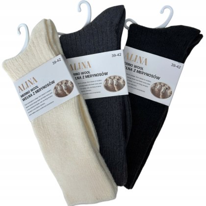 3 pary skarpet wełnianych wełna merino z merynosów prążek Alina 39-42