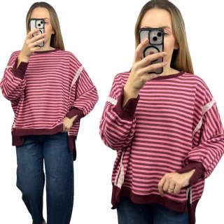 Bluza oversize luźna w poziome paski bawełniana rozcięcia bordo róż Azara- CUT
