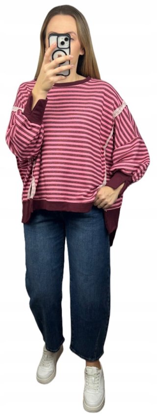 Bluza oversize luźna w poziome paski bawełniana rozcięcia bordo róż Azara- CUT