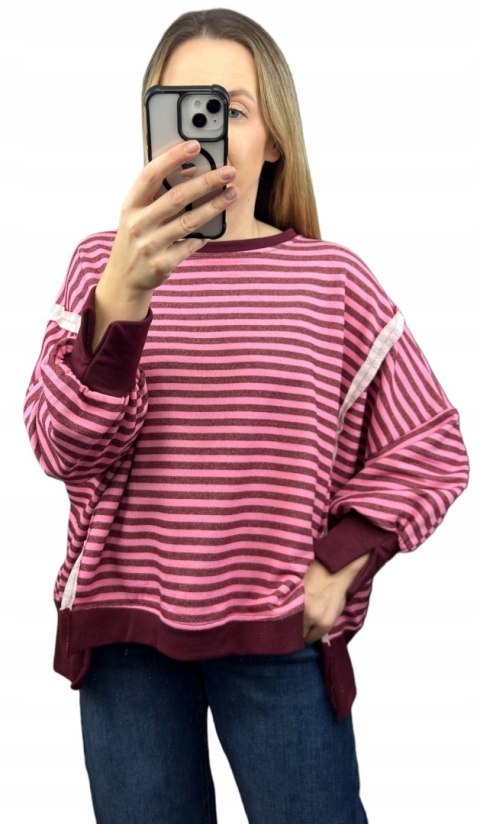Bluza oversize luźna w poziome paski bawełniana rozcięcia bordo róż Azara- CUT