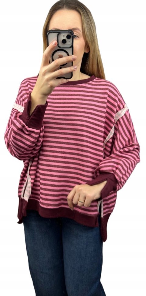 Bluza oversize luźna w poziome paski bawełniana rozcięcia bordo róż Azara- CUT