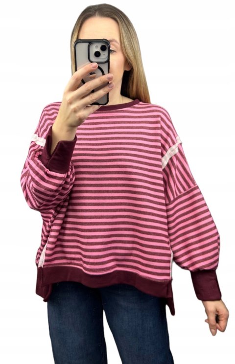 Bluza oversize luźna w poziome paski bawełniana rozcięcia bordo róż Azara- CUT