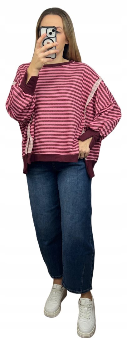Bluza oversize luźna w poziome paski bawełniana rozcięcia bordo róż Azara- CUT