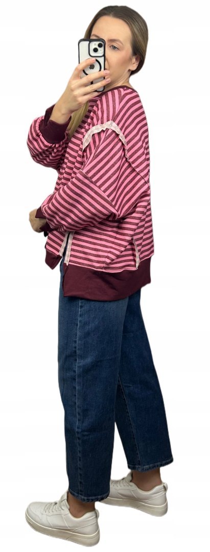 Bluza oversize luźna w poziome paski bawełniana rozcięcia bordo róż Azara- CUT
