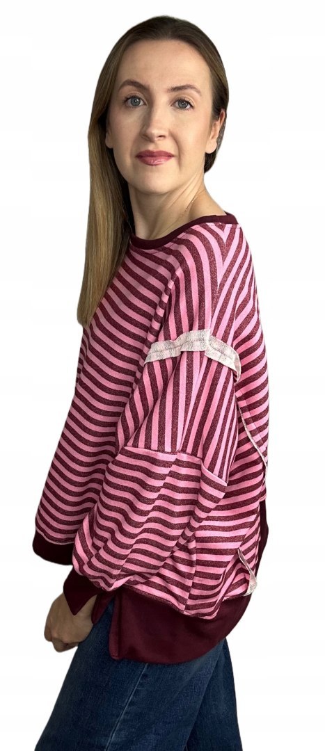Bluza oversize luźna w poziome paski bawełniana rozcięcia bordo róż Azara- CUT