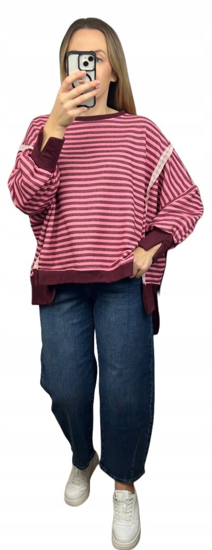 Bluza oversize luźna w poziome paski bawełniana rozcięcia bordo róż Azara- CUT