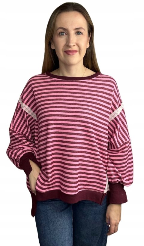 Bluza oversize luźna w poziome paski bawełniana rozcięcia bordo róż Azara- CUT