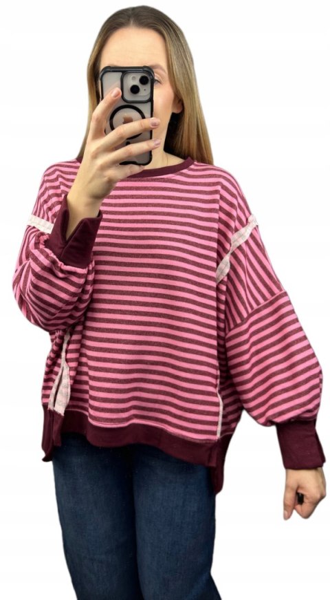 Bluza oversize luźna w poziome paski bawełniana rozcięcia bordo róż Azara- CUT
