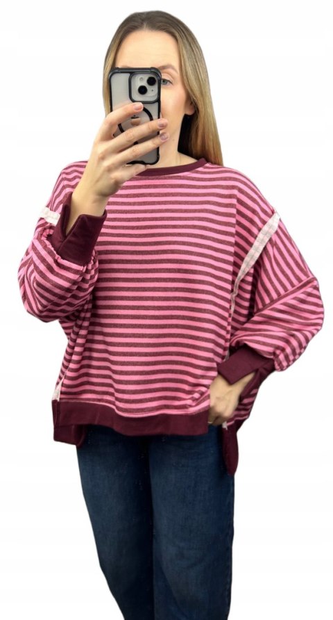 Bluza oversize luźna w poziome paski bawełniana rozcięcia bordo róż Azara- CUT