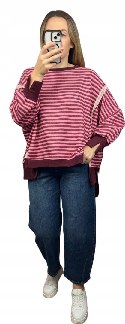 Bluza oversize luźna w poziome paski bawełniana rozcięcia bordo róż Azara- CUT