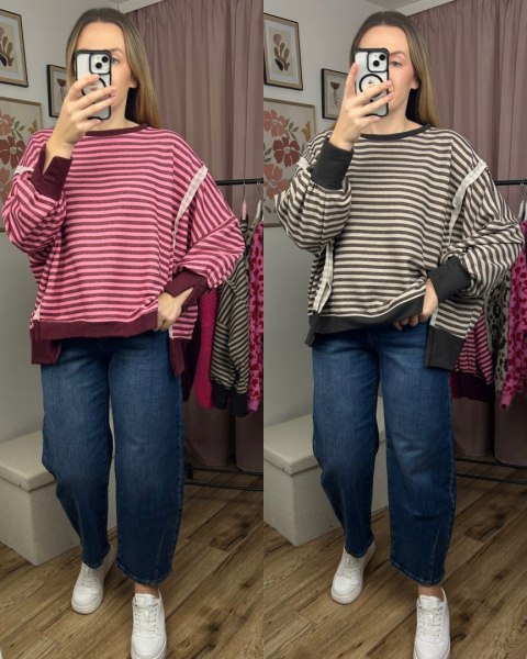 Bluza oversize luźna w poziome paski bawełniana rozcięcia bordo róż Azara- CUT