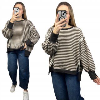 Bluza oversize luźna w poziome paski bawełniana rozcięcia brązowa beż Azara- CUT