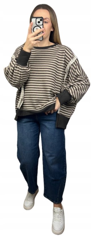 Bluza oversize luźna w poziome paski bawełniana rozcięcia brązowa beż Azara- CUT