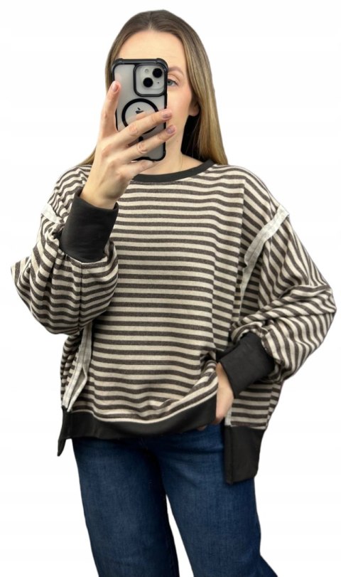 Bluza oversize luźna w poziome paski bawełniana rozcięcia brązowa beż Azara- CUT