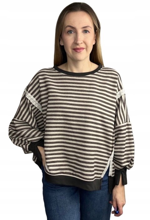 Bluza oversize luźna w poziome paski bawełniana rozcięcia brązowa beż Azara- CUT