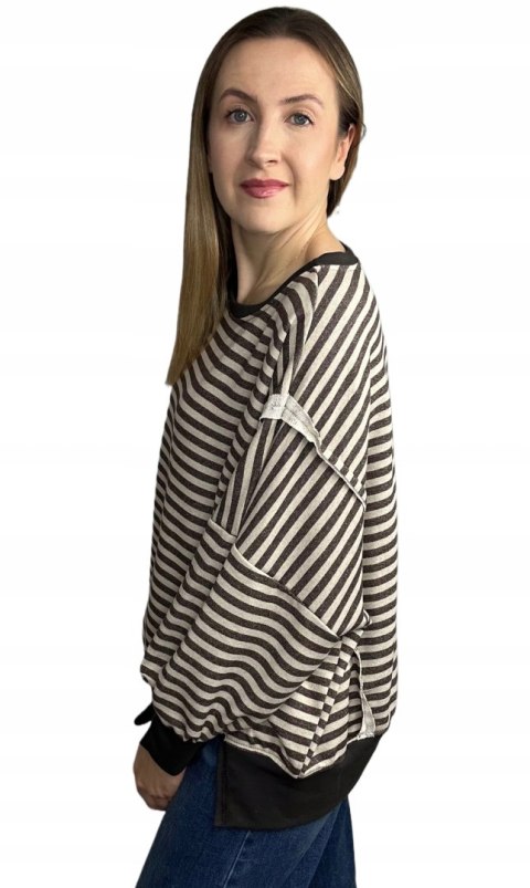 Bluza oversize luźna w poziome paski bawełniana rozcięcia brązowa beż Azara- CUT