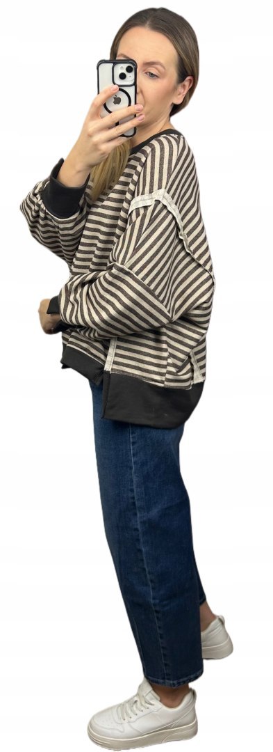 Bluza oversize luźna w poziome paski bawełniana rozcięcia brązowa beż Azara- CUT