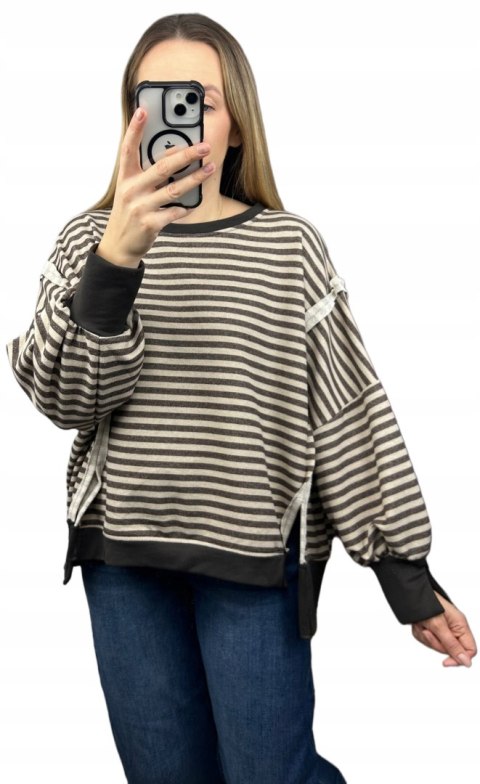 Bluza oversize luźna w poziome paski bawełniana rozcięcia brązowa beż Azara- CUT