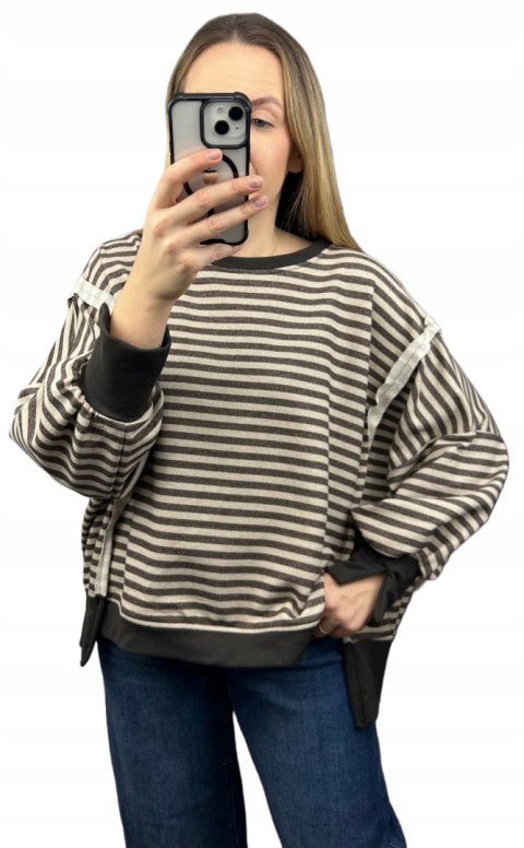 Bluza oversize luźna w poziome paski bawełniana rozcięcia brązowa beż Azara- CUT