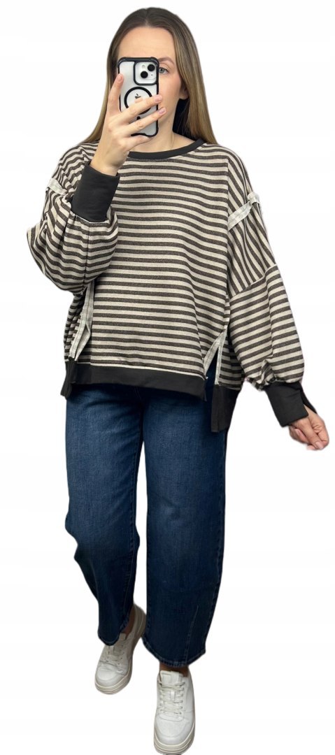 Bluza oversize luźna w poziome paski bawełniana rozcięcia brązowa beż Azara- CUT