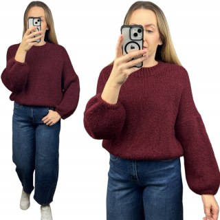 Bordowy sweter moher wełna bufiaste rękawy luźny oversize Made in Italy- WARMY