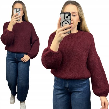 Bordowy sweter moher wełna bufiaste rękawy luźny oversize Made in Italy- WARMY