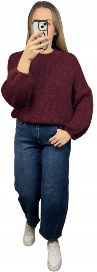 Bordowy sweter moher wełna bufiaste rękawy luźny oversize Made in Italy- WARMY