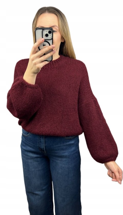 Bordowy sweter moher wełna bufiaste rękawy luźny oversize Made in Italy- WARMY